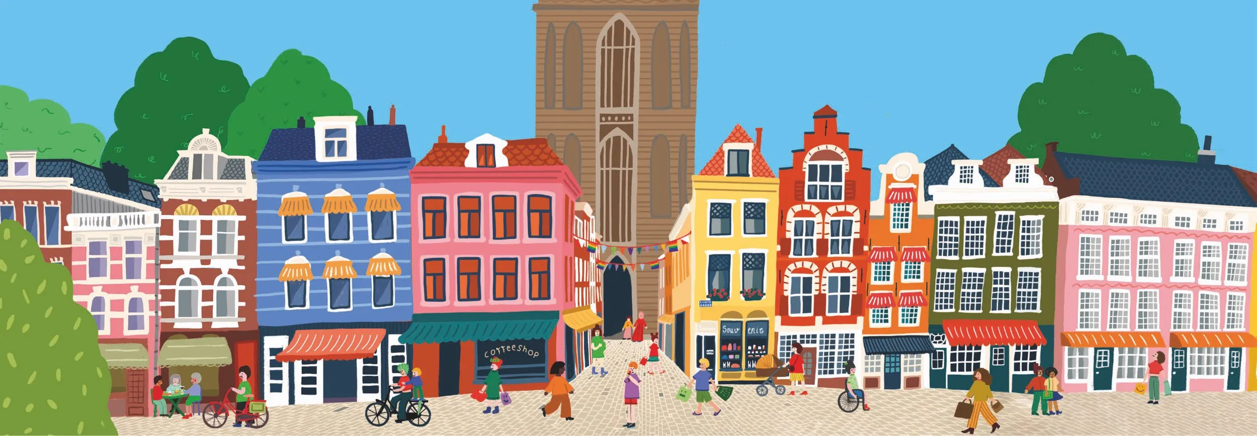 Vrolijke tekening van de Domtoren via de Servetstraat, Vismarkt en Donkere Gaard.